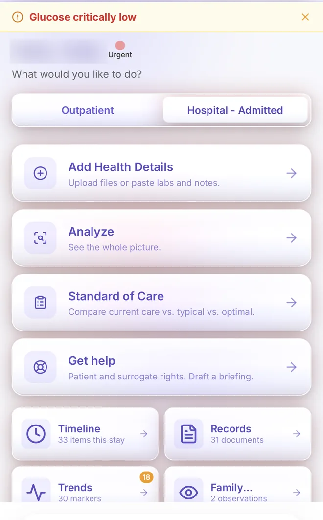 Myrrh Health home screen from the working prototype. A yellow banner reads 'Glucose critically low'. The patient's name is blurred for privacy. Below it: a toggle between Outpatient and Hospital - Admitted, then cards for Add Health Details, Analyze, Standard of Care and Get help, and tiles for Timeline, Records, Trends and Family observations.